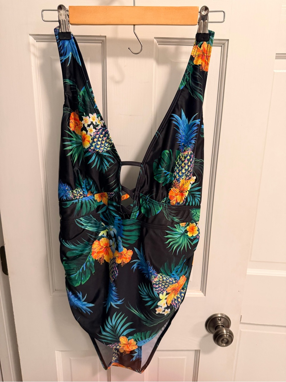 Tropical Pineapple One-Piece Swimsuit — Black with Vibrant Floral Print